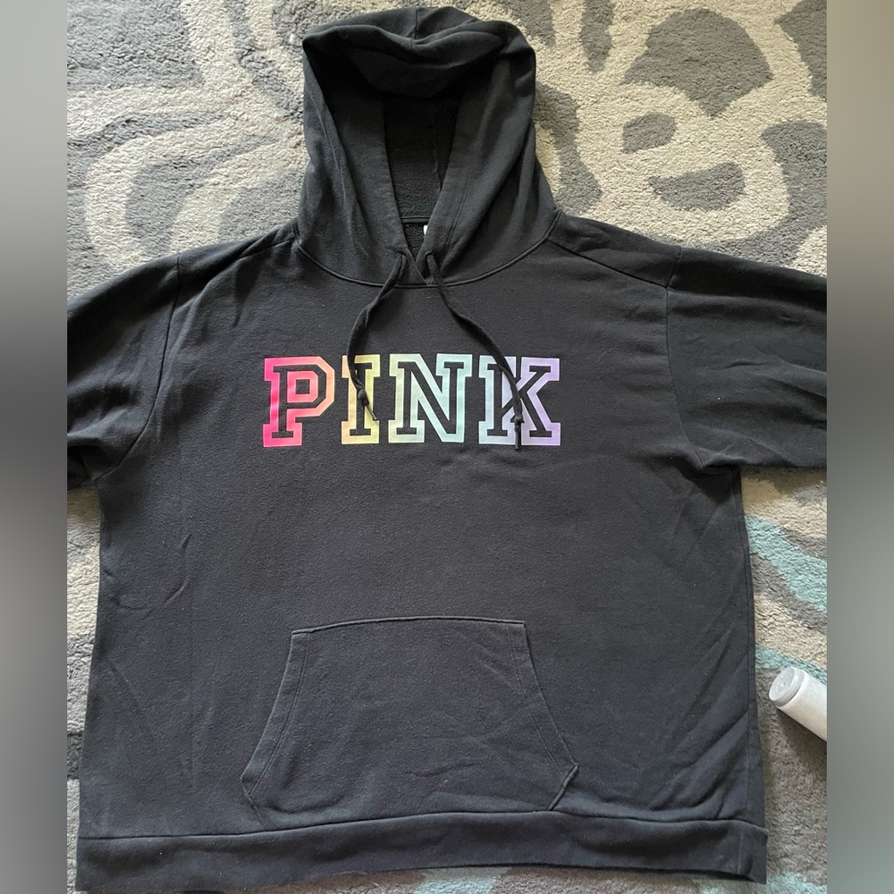 PINK Multicolor logo black hooded sweatshirt